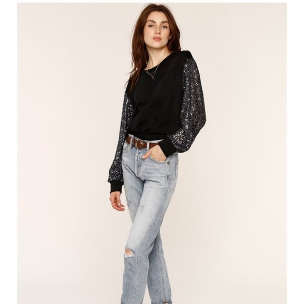 Heartloom Vesta Black Sweatshirt with Sequin Sleeves Women Size Small